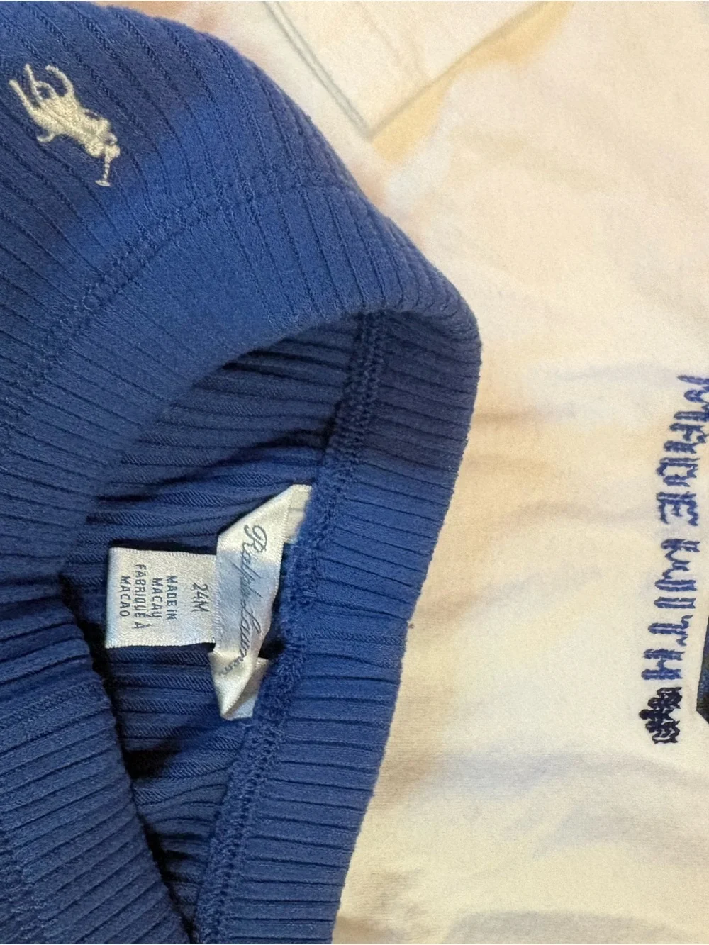 Ralph Lauren White Long-Sleeve 'POLO' Top with Blue Ribbed Leggings
